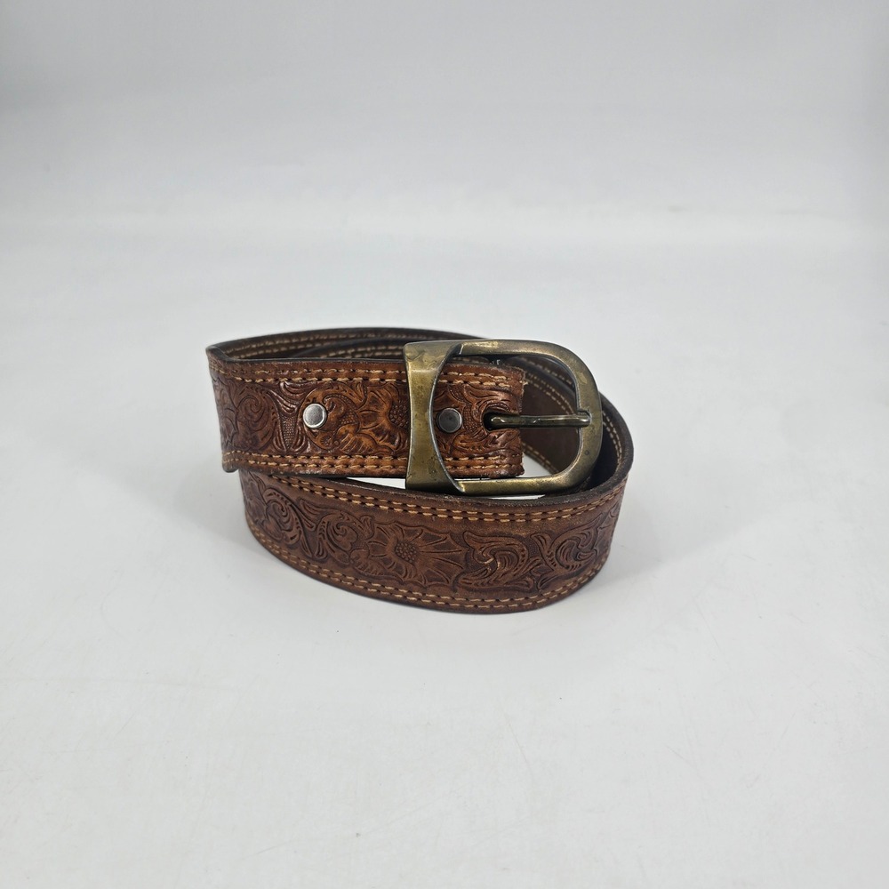 Tony Lama Belt Size 36 Brown Tooled Leather Floral Western Cowboy Brass Buckle